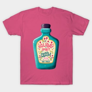 Blue bottle with hand lettering holiday spirit. Cute festive winter holiday illustration. Bright colorful pink and blue greeting card. T-Shirt